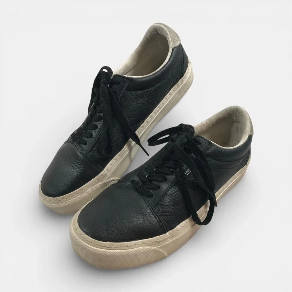 VANS Off The Wall Old Skool Lux Black Leather Lace Up Shoes Mens 6.5 Womens 8